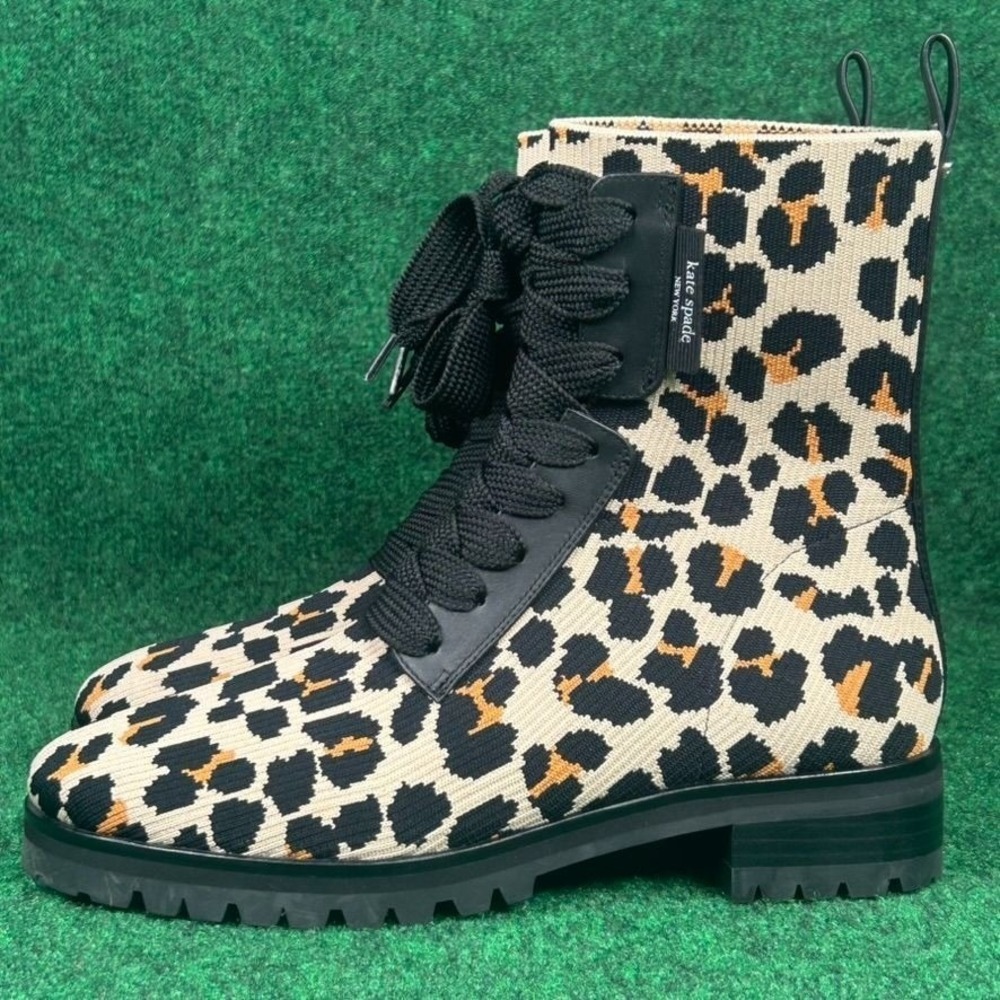 Kate Spade Leopard Print Knit Lace Up Ankle Boots Women 8.5B Leather Rubber Sole - Picture 3 of 11